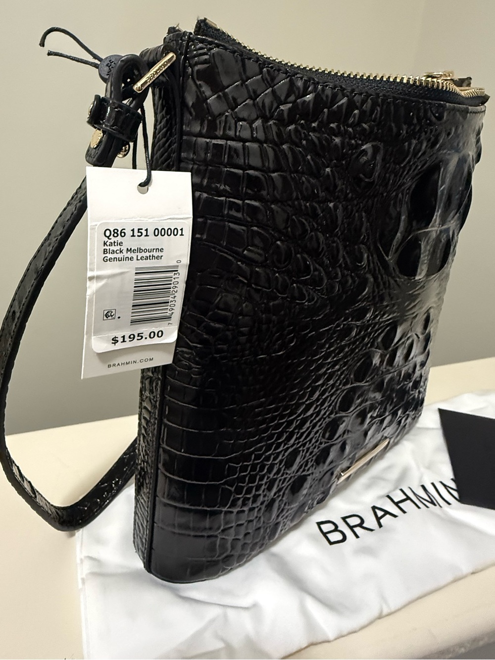 NWT Brahmin Katie Black Croc-Embossed Leather Crossbody with Gold Hardware - Picture 5 of 5